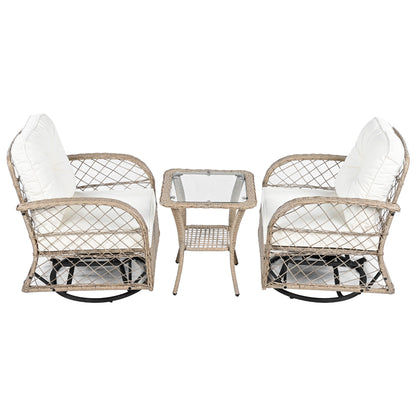3-piece Outdoor Chair&Table Set Chat Set 2-person Rattan Seating Group with Two Two Swiveling and Rocking Chairs and a Square Table for Garden, Patio, or Balcony, Natural