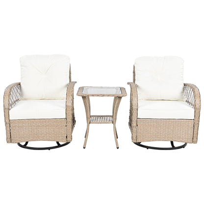 3-piece Outdoor Chair&Table Set Chat Set 2-person Rattan Seating Group with Two Two Swiveling and Rocking Chairs and a Square Table for Garden, Patio, or Balcony, Natural
