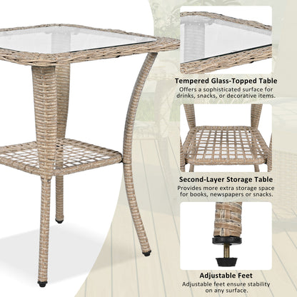 3-piece Outdoor Chair&Table Set Chat Set 2-person Rattan Seating Group with Two Two Swiveling and Rocking Chairs and a Square Table for Garden, Patio, or Balcony, Natural