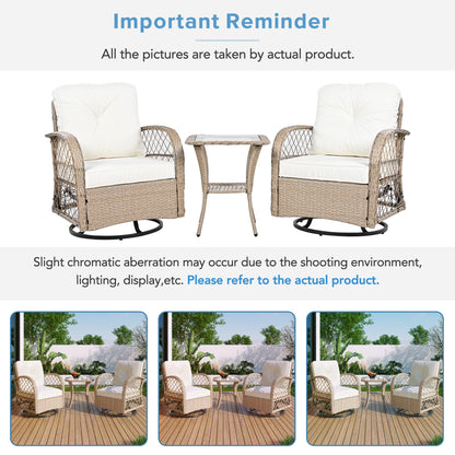 3-piece Outdoor Chair&Table Set Chat Set 2-person Rattan Seating Group with Two Two Swiveling and Rocking Chairs and a Square Table for Garden, Patio, or Balcony, Natural