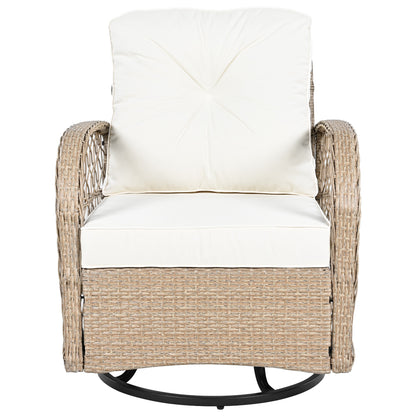 3-piece Outdoor Chair&Table Set Chat Set 2-person Rattan Seating Group with Two Two Swiveling and Rocking Chairs and a Square Table for Garden, Patio, or Balcony, Natural