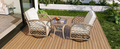 3-piece Outdoor Chair&Table Set Chat Set 2-person Rattan Seating Group with Two Two Swiveling and Rocking Chairs and a Square Table for Garden, Patio, or Balcony, Natural