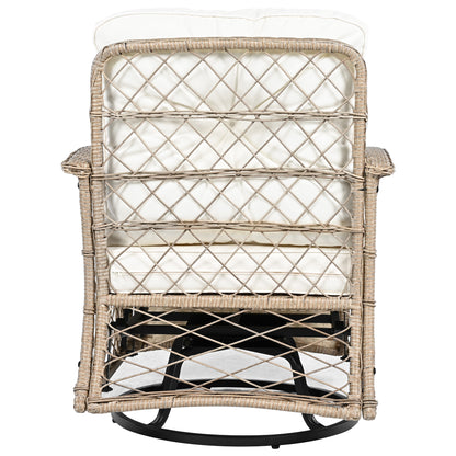 3-piece Outdoor Chair&Table Set Chat Set 2-person Rattan Seating Group with Two Two Swiveling and Rocking Chairs and a Square Table for Garden, Patio, or Balcony, Natural