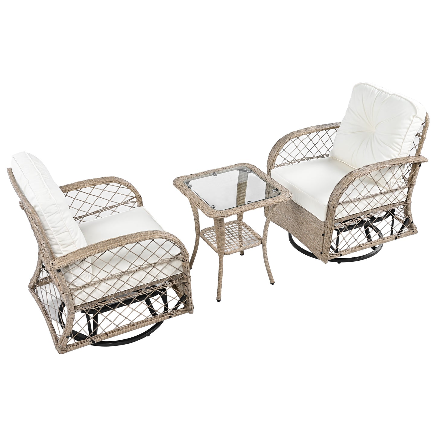 3-piece Outdoor Chair&Table Set Chat Set 2-person Rattan Seating Group with Two Two Swiveling and Rocking Chairs and a Square Table for Garden, Patio, or Balcony, Natural