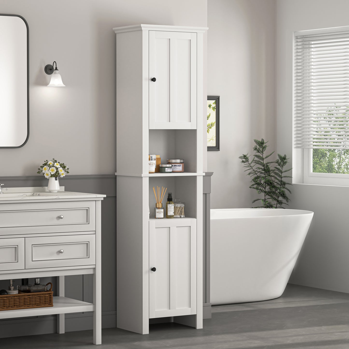 athroom Floor Storage Cabinet with 2 Doors Living Room Wooden Cabinet with 6 Shelves 15.75 x 11.81 x 66.93 inch