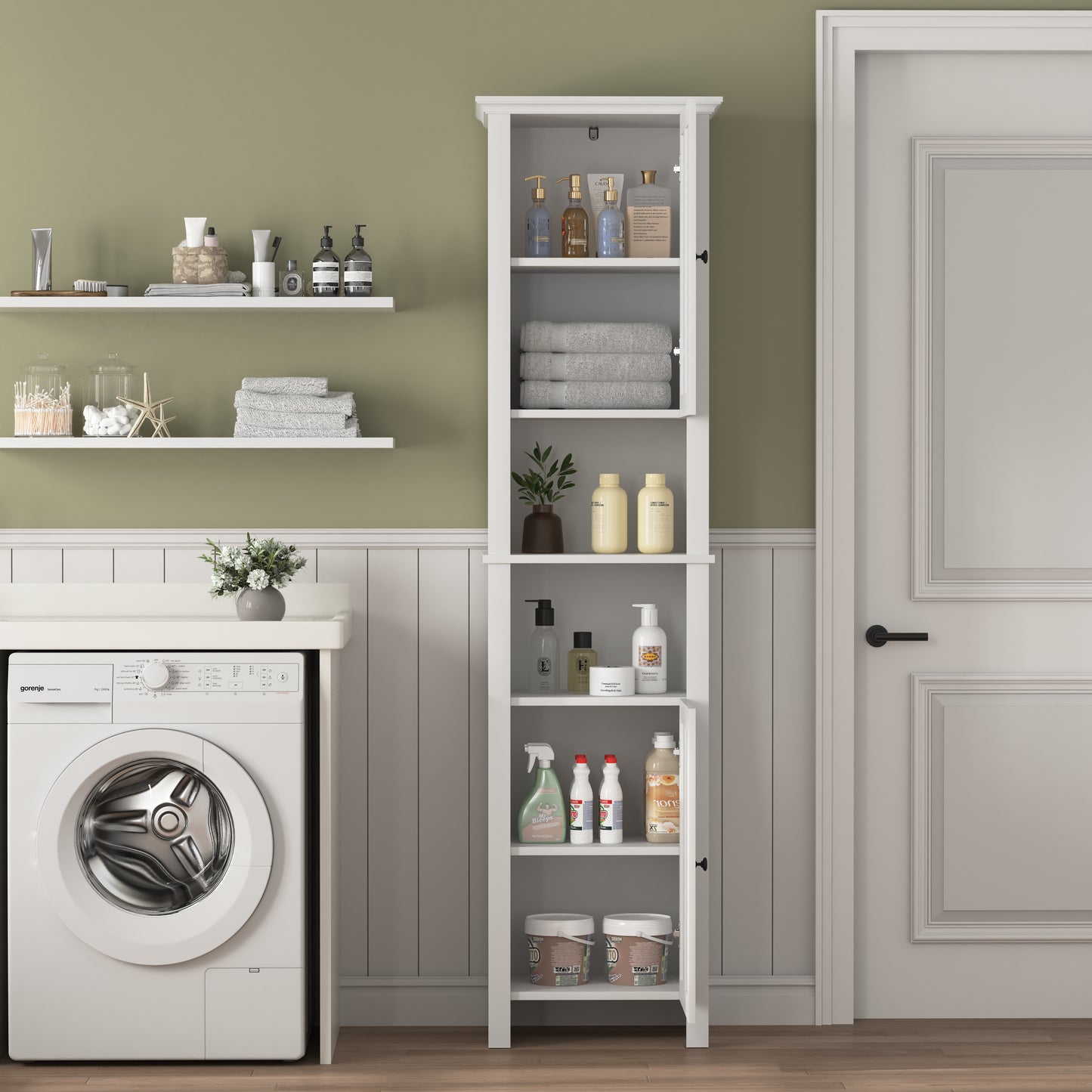 athroom Floor Storage Cabinet with 2 Doors Living Room Wooden Cabinet with 6 Shelves 15.75 x 11.81 x 66.93 inch