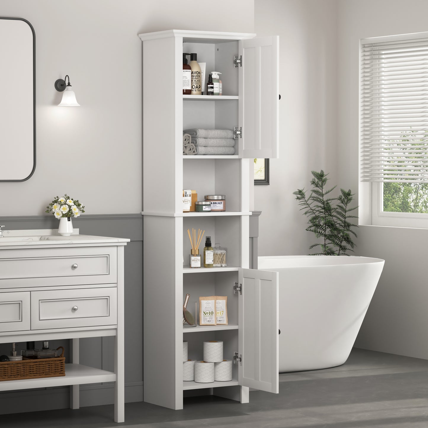 athroom Floor Storage Cabinet with 2 Doors Living Room Wooden Cabinet with 6 Shelves 15.75 x 11.81 x 66.93 inch