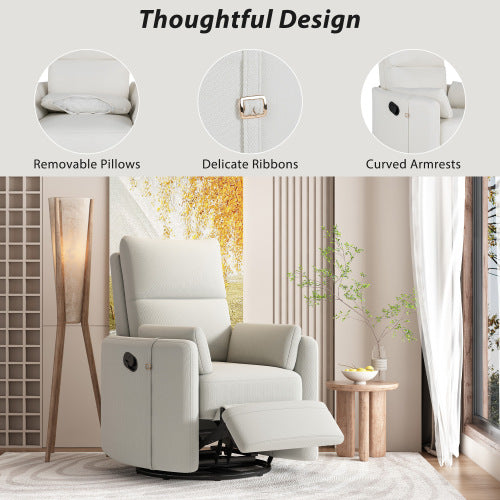 Upholstered Swivel Recliner Manual Rocker Recliner Chair Baby Nursery Chair with Two Removable Pillows for Living Room, Beige