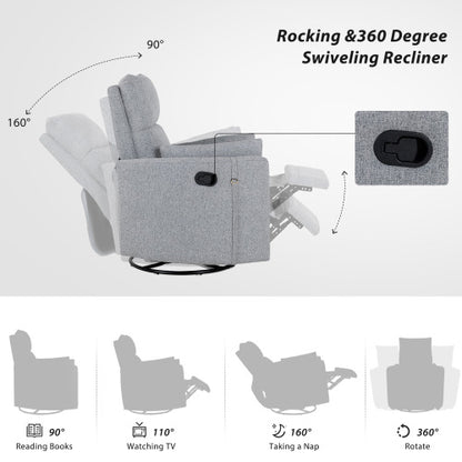 Upholstered Swivel Recliner Manual Rocker Recliner Chair Baby Nursery Chair with Two Removable Pillows for Living Room, Dark Grey