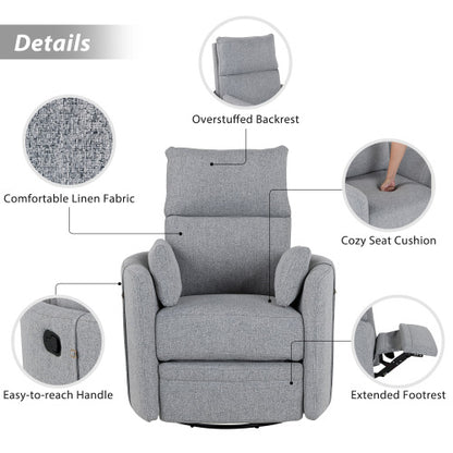 Upholstered Swivel Recliner Manual Rocker Recliner Chair Baby Nursery Chair with Two Removable Pillows for Living Room, Dark Grey