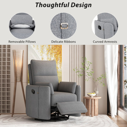 Upholstered Swivel Recliner Manual Rocker Recliner Chair Baby Nursery Chair with Two Removable Pillows for Living Room, Dark Grey