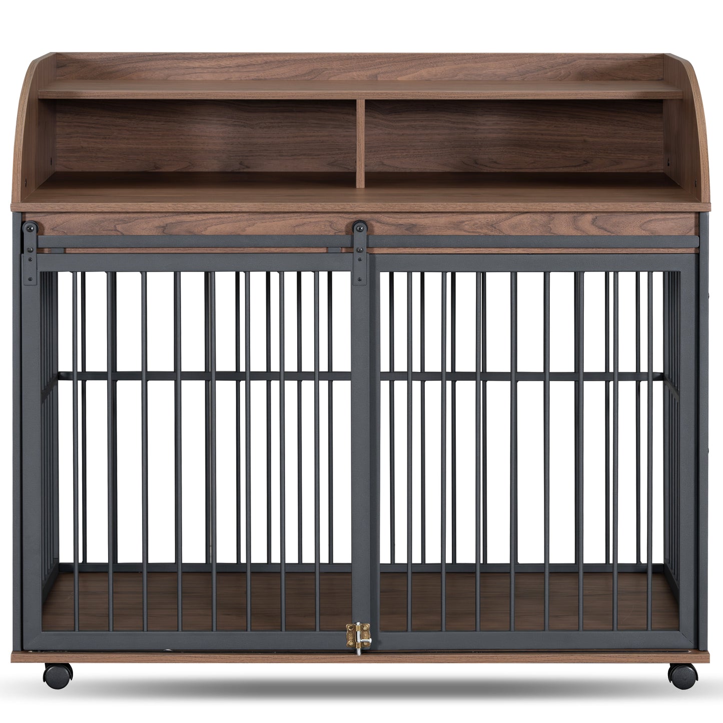 GO 44'' Heavy Duty Large Dog Crate Furniture for Large Medium Dog with Lockable Wheels, Wooden Dog Crate Dog Kennel, End Table Crate with Double layer storage, Brown