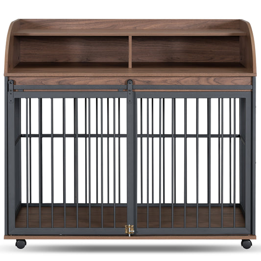 GO 44'' Heavy Duty Large Dog Crate Furniture for Large Medium Dog with Lockable Wheels, Wooden Dog Crate Dog Kennel, End Table Crate with Double layer storage, Brown