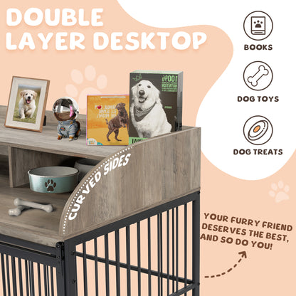 GO 44'' Heavy Duty Large Dog Crate Furniture for Large Medium Dog with Lockable Wheels, Wooden Dog Crate Dog Kennel, End Table Crate with Double layer storage, Gray