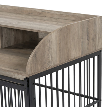 GO 44'' Heavy Duty Large Dog Crate Furniture for Large Medium Dog with Lockable Wheels, Wooden Dog Crate Dog Kennel, End Table Crate with Double layer storage, Gray