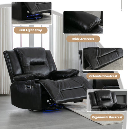 360° Swivel and Rocking Home Theater Recliner Manual Recliner Chair with a LED Light Strip for Living Room,Bedroom, Black
