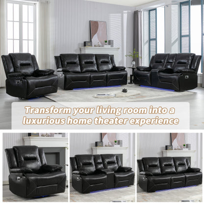360° Swivel and Rocking Home Theater Recliner Manual Recliner Chair with a LED Light Strip for Living Room,Bedroom, Black