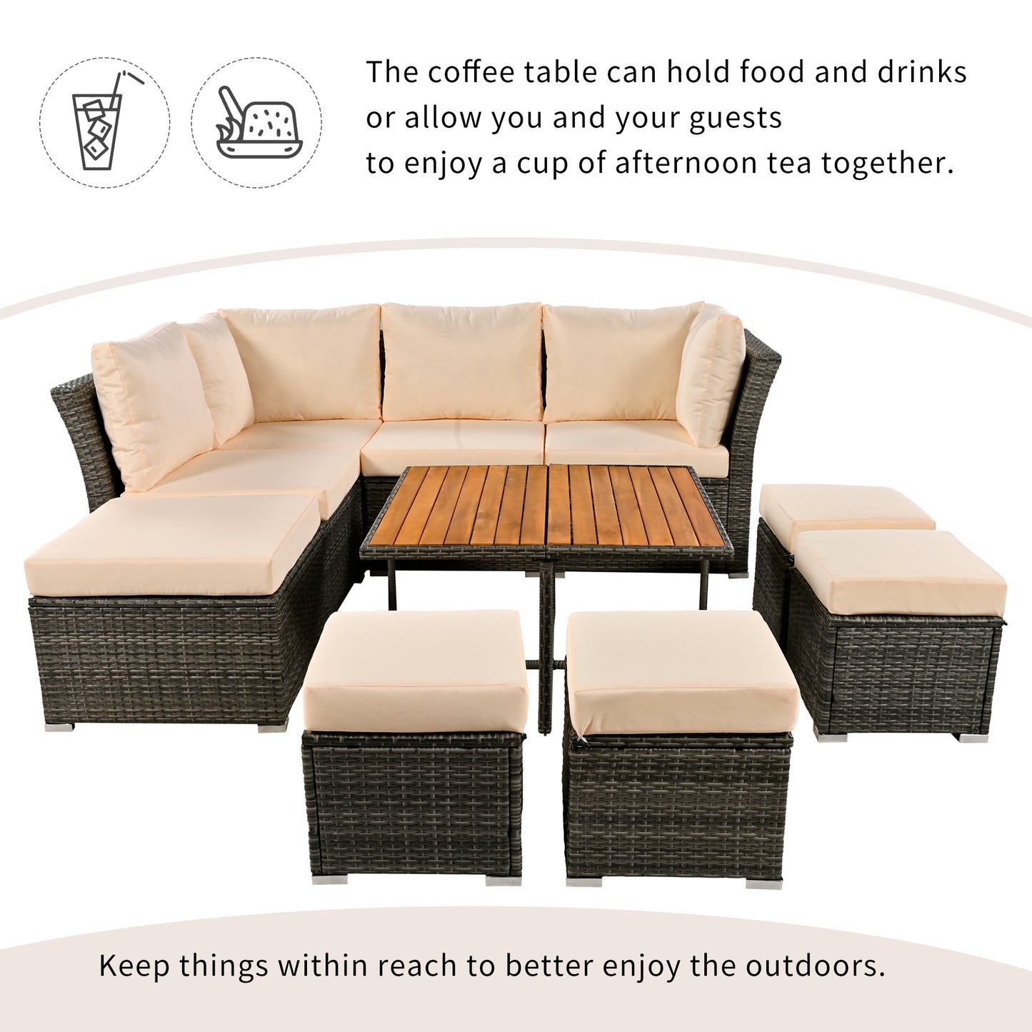 Patio Furniture Set, 10 Piece Outdoor Conversation Set, CoffeeTable with Ottomans, Solid wood coffee table