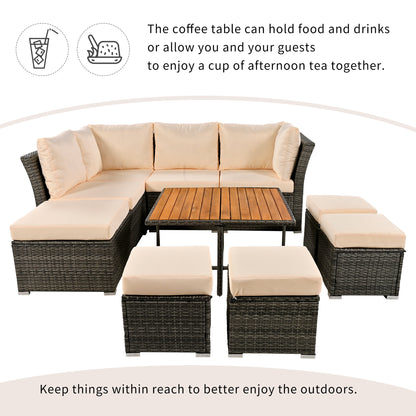 Patio Furniture Set, 10 Piece Outdoor Conversation Set, CoffeeTable with Ottomans, Solid wood coffee table