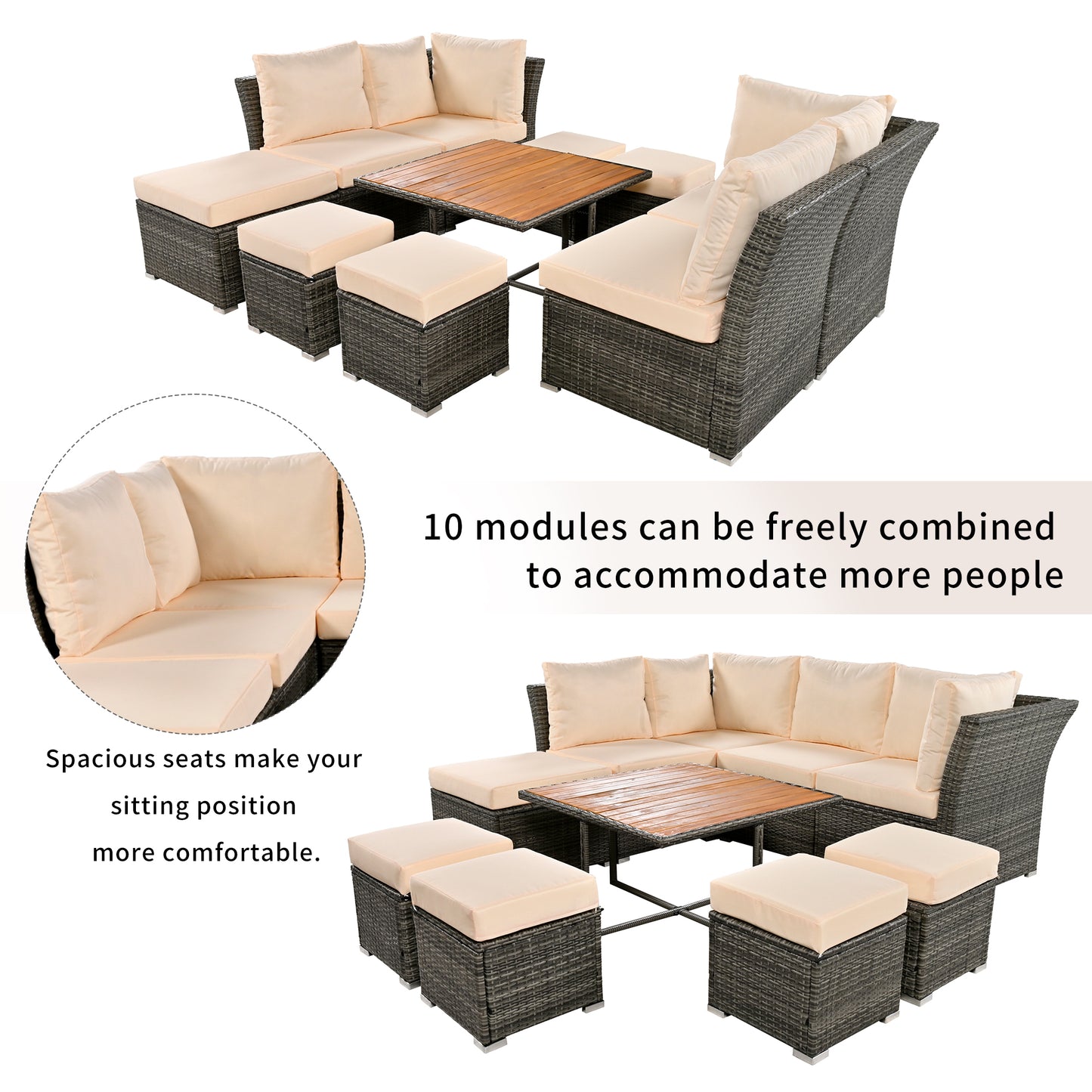 Patio Furniture Set, 10 Piece Outdoor Conversation Set, CoffeeTable with Ottomans, Solid wood coffee table