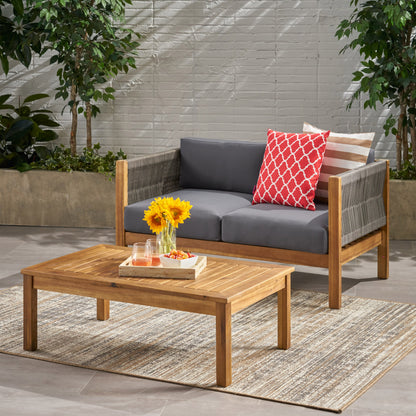 Patio Loveseat and Coffee Table Set, Patio Furniture Set with Cushion, Acacia Wood Frame Conversation Set for Garden, Backyard, Porch and Poolside, Minimalistic Style