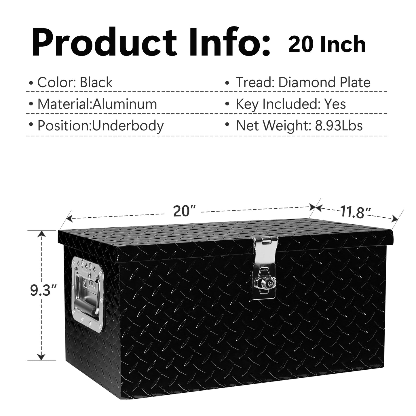 20 Inch Black Aluminum Tool long Box Tread Flat box for Truck Car Outdoor Trailer Pickup Underbody RV ATV Storage Tools Organizer with Lock Side Handle and Keys