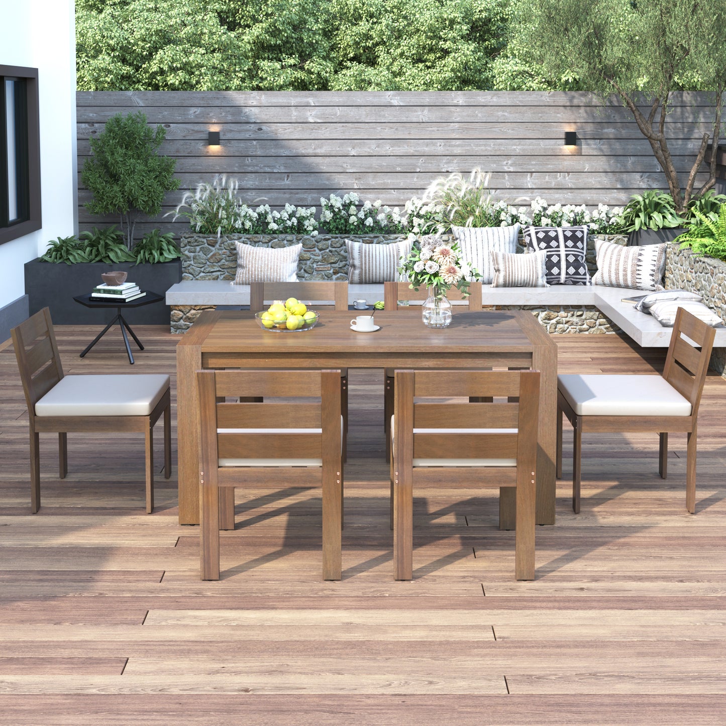 U_Style 7 Piece Acacia Wood Outdoor Dining Set, Suitable for Patio, Balcony, Backyard