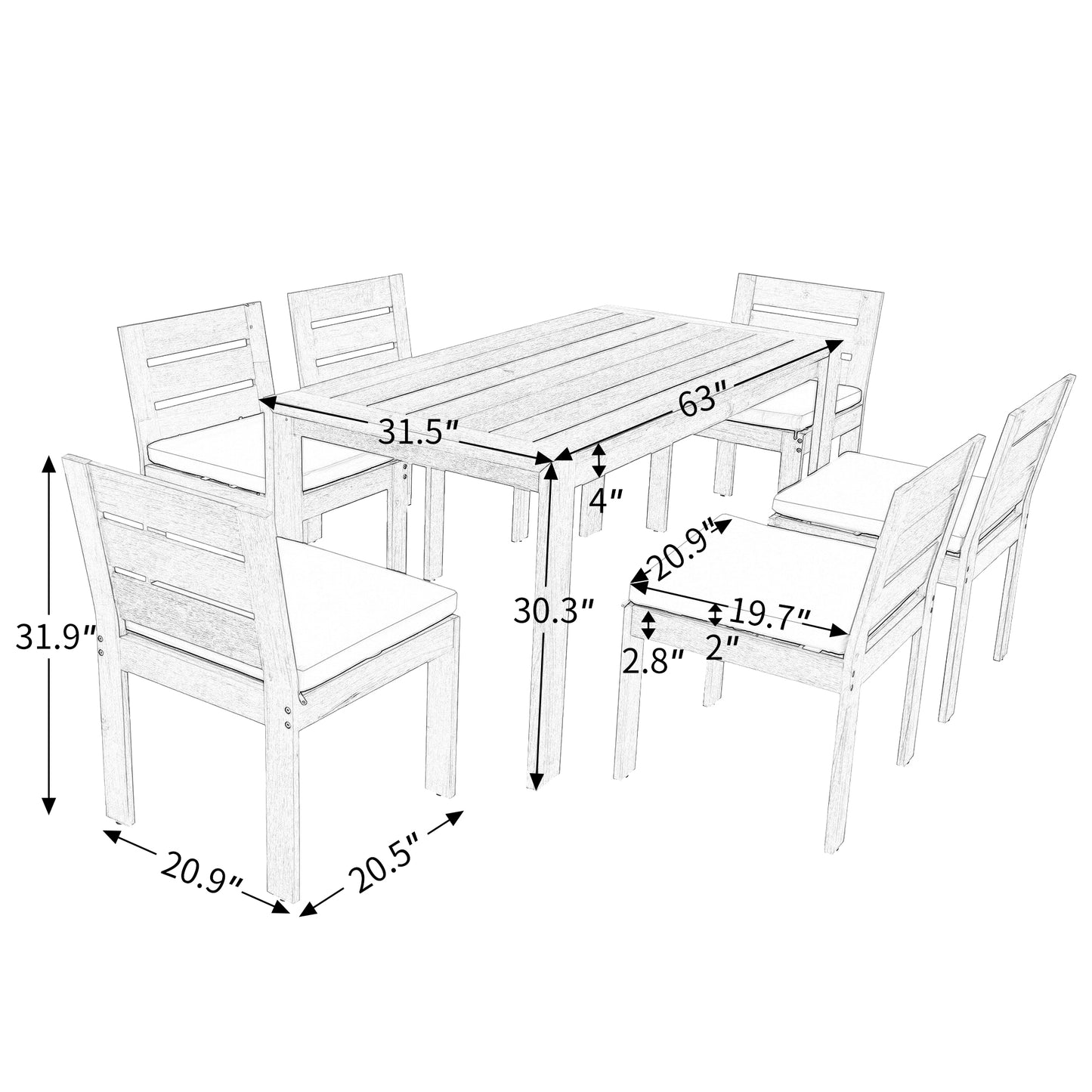 U_Style 7 Piece Acacia Wood Outdoor Dining Set, Suitable for Patio, Balcony, Backyard