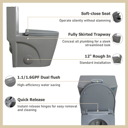 1.1/1.60 GPF Dual-Flush One Piece Toilet, Water-Saving Elongated Comfort Height Floor Mounted, Soft Close 1000 Gram Map Flushing Score Toilet, Light Grey 24T01-LG