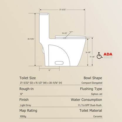 1.1/1.60 GPF Dual-Flush One Piece Toilet, Water-Saving Elongated Comfort Height Floor Mounted, Soft Close 1000 Gram Map Flushing Score Toilet, Light Grey 24T01-LG