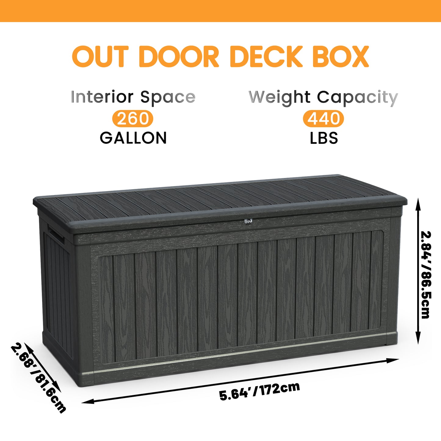 260 Gallon Large Outdoor Storage XXL Deck Box for Patio Furniture, Outdoor Cushions, Garden Tools and Sports/Pools Equipment, Waterproof Resin, Lockable, Black