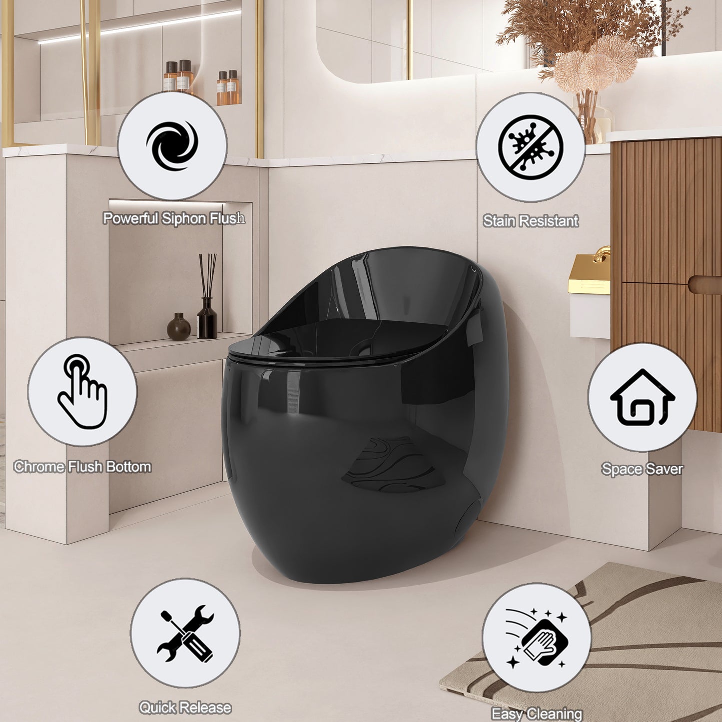 1-Piece 1.28 GPF Single Flush Egg Shape Toilet in Glossy Black