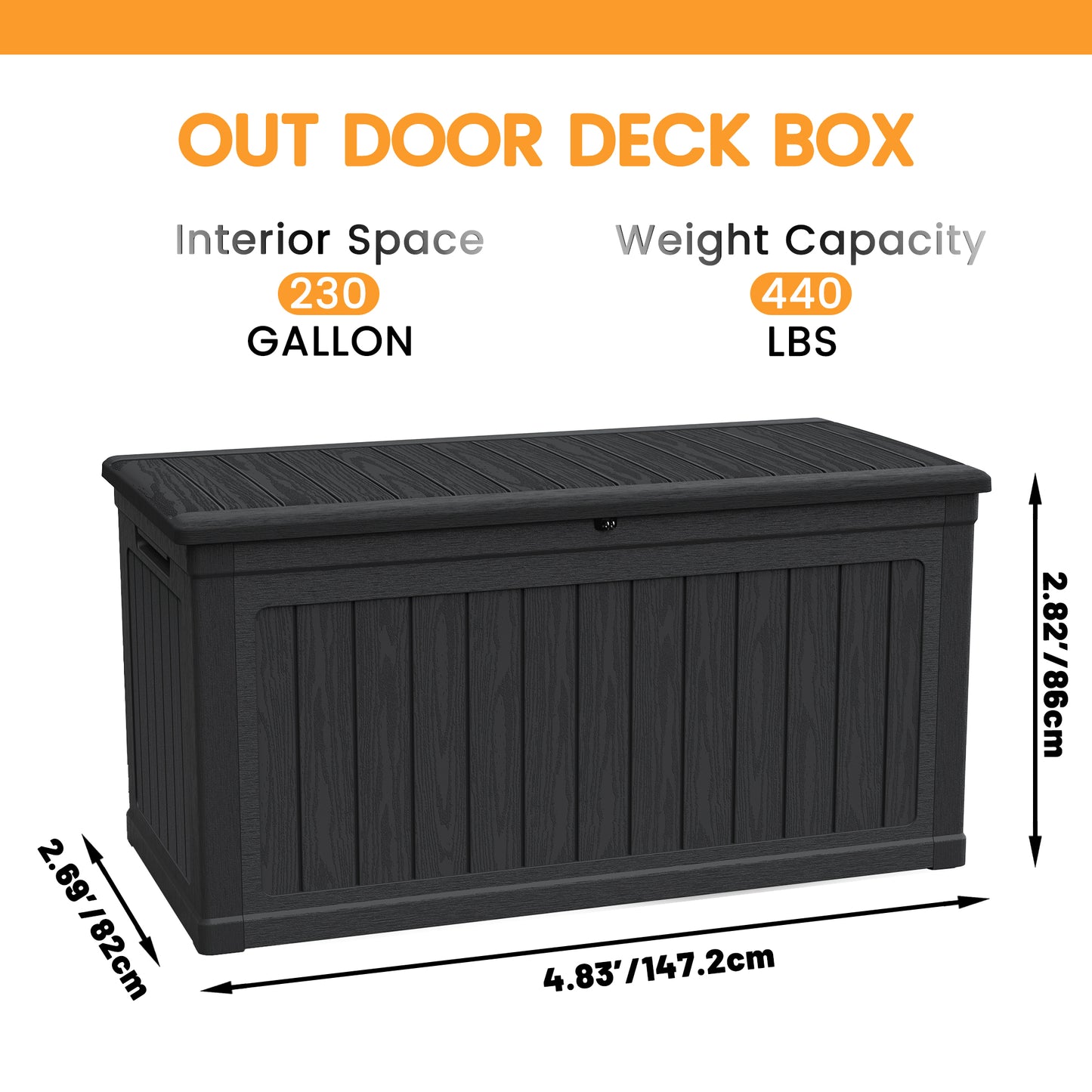 230 Gallon Large Outdoor Storage XXL Deck Box for Patio Furniture, Outdoor Cushions, Garden Tools and Sports/Pools Equipment, Waterproof Resin, Lockable, Black