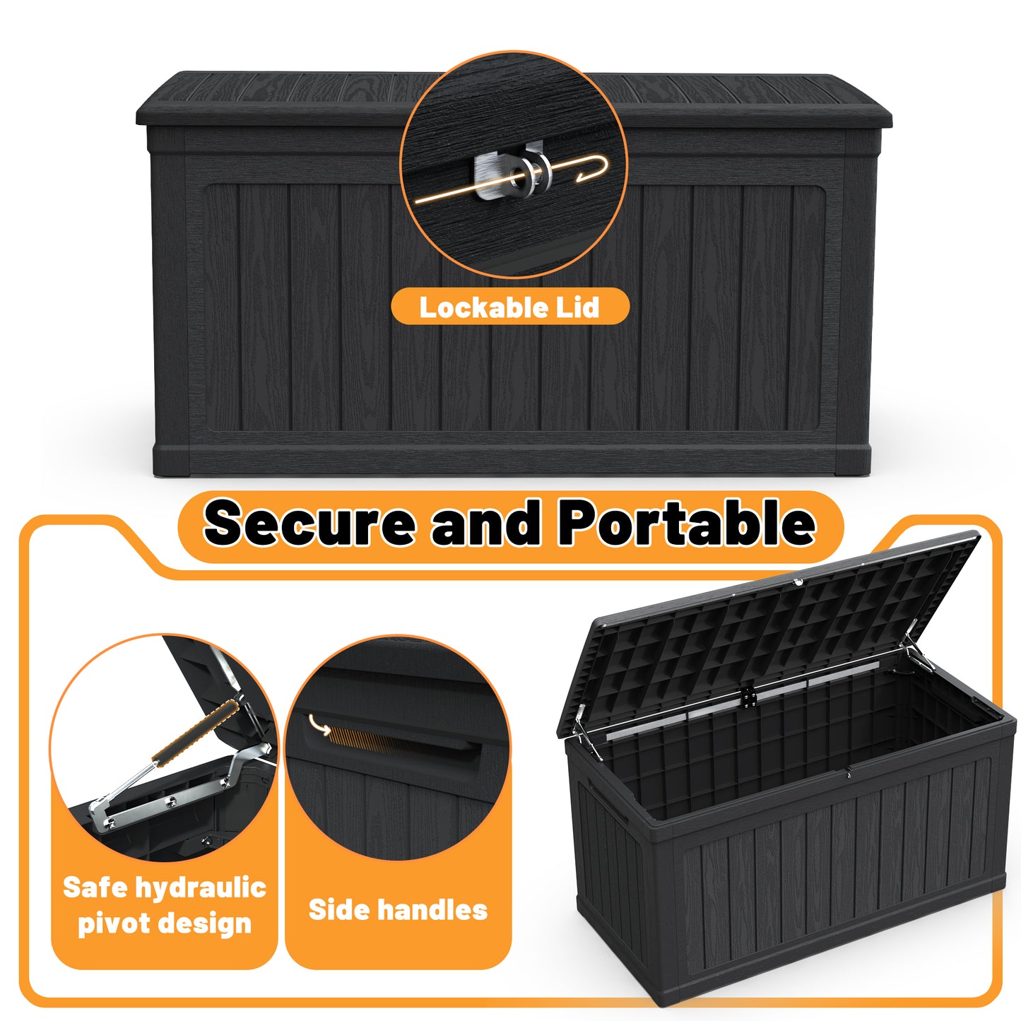 230 Gallon Large Outdoor Storage XXL Deck Box for Patio Furniture, Outdoor Cushions, Garden Tools and Sports/Pools Equipment, Waterproof Resin, Lockable, Black