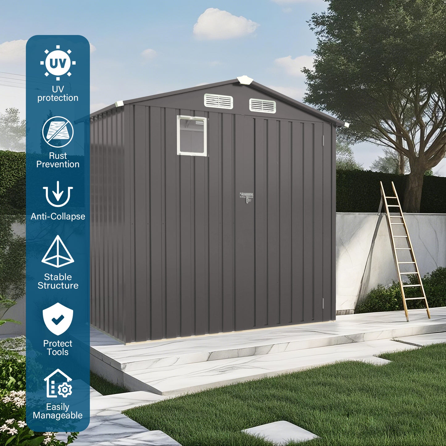 6X 3.6FT Metal Outdoor Storage Shed, Tool Shed with Peaked Roof Watertight with Clear Window and Lockable Door Compact Metal Tool Room for Garden, Backyard, Patio, Sundries and Bike Storage, Gray
