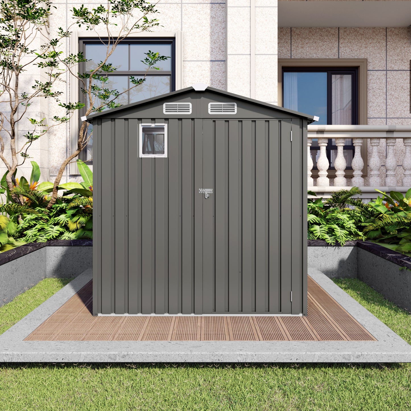 6X 3.6FT Metal Outdoor Storage Shed, Tool Shed with Peaked Roof Watertight with Clear Window and Lockable Door Compact Metal Tool Room for Garden, Backyard, Patio, Sundries and Bike Storage, Gray