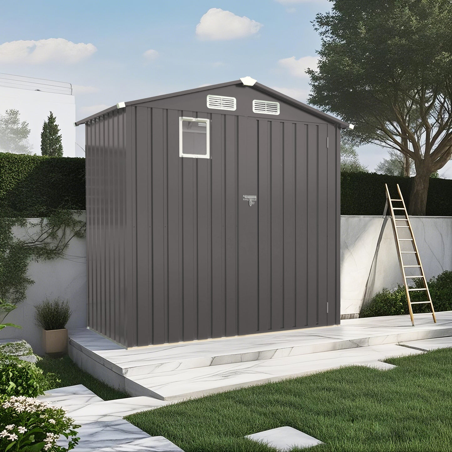 6X 3.6FT Metal Outdoor Storage Shed, Tool Shed with Peaked Roof Watertight with Clear Window and Lockable Door Compact Metal Tool Room for Garden, Backyard, Patio, Sundries and Bike Storage, Gray