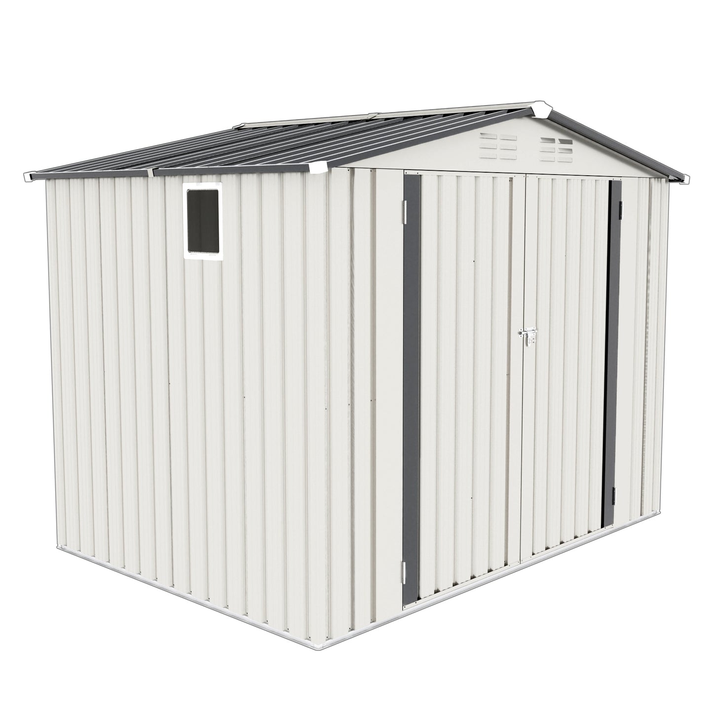 8X6 FT Metal Outdoor Storage Shed, Tool Shed with Pitched Roof Waterproof with Side Window and Lockable Door, Metal Tool Shed for Garden Tool Storage, Everyday Sundries and Bike Storage, White + Gray