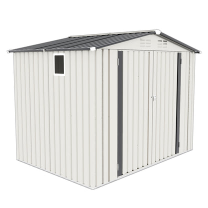8X6 FT Metal Outdoor Storage Shed, Tool Shed with Pitched Roof Waterproof with Side Window and Lockable Door, Metal Tool Shed for Garden Tool Storage, Everyday Sundries and Bike Storage, White + Gray