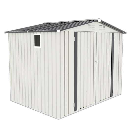 8X6 FT Metal Outdoor Storage Shed, Tool Shed with Pitched Roof Waterproof with Side Window and Lockable Door, Metal Tool Shed for Garden Tool Storage, Everyday Sundries and Bike Storage, White + Gray