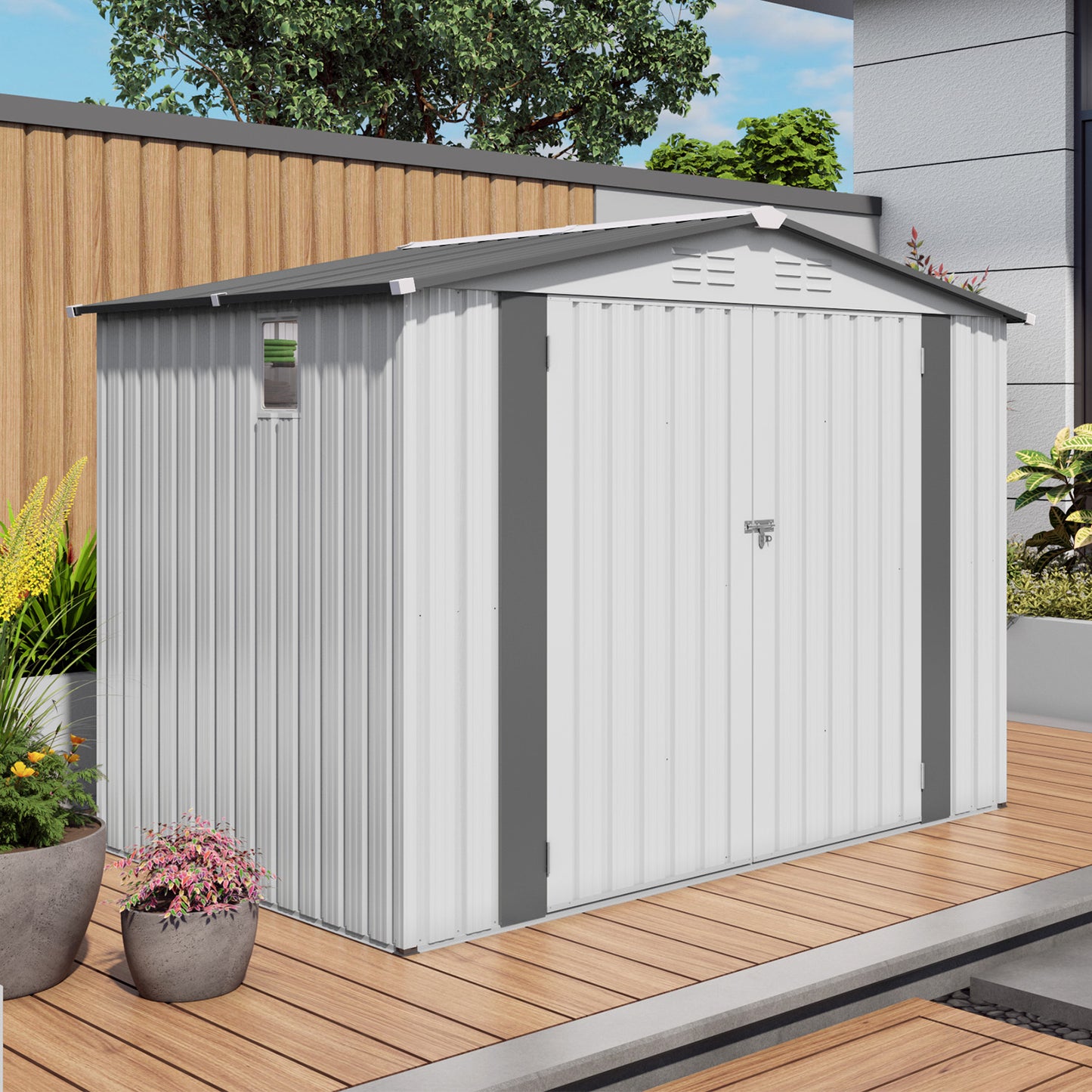 8X6 FT Metal Outdoor Storage Shed, Tool Shed with Pitched Roof Waterproof with Side Window and Lockable Door, Metal Tool Shed for Garden Tool Storage, Everyday Sundries and Bike Storage, White + Gray