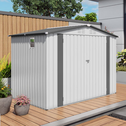 8X6 FT Metal Outdoor Storage Shed, Tool Shed with Pitched Roof Waterproof with Side Window and Lockable Door, Metal Tool Shed for Garden Tool Storage, Everyday Sundries and Bike Storage, White + Gray