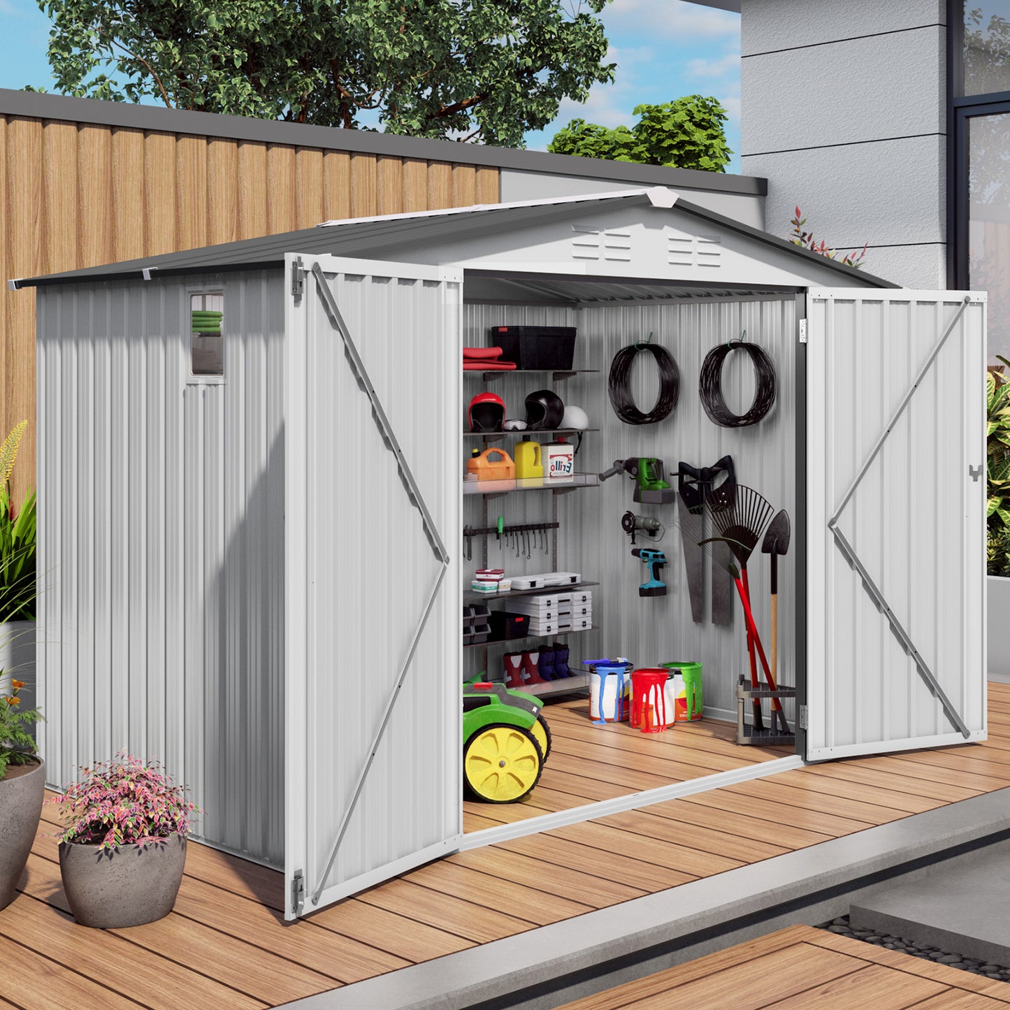 8X6 FT Metal Outdoor Storage Shed, Tool Shed with Pitched Roof Waterproof with Side Window and Lockable Door, Metal Tool Shed for Garden Tool Storage, Everyday Sundries and Bike Storage, White + Gray