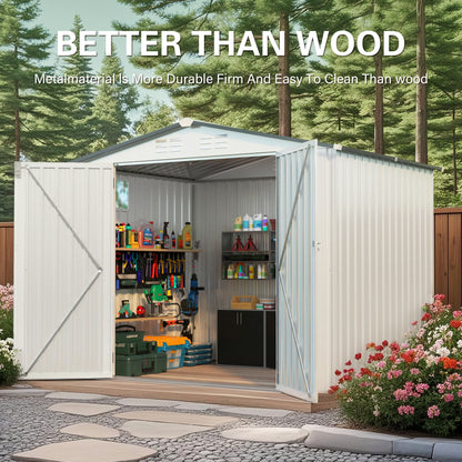 8X6 FT Metal Outdoor Storage Shed, Tool Shed with Pitched Roof Waterproof with Side Window and Lockable Door, Metal Tool Shed for Garden Tool Storage, Everyday Sundries and Bike Storage, White + Gray