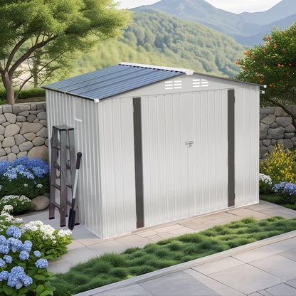 8X6 FT Metal Outdoor Storage Shed, Tool Shed with Pitched Roof Waterproof with Side Window and Lockable Door, Metal Tool Shed for Garden Tool Storage, Everyday Sundries and Bike Storage, White + Gray