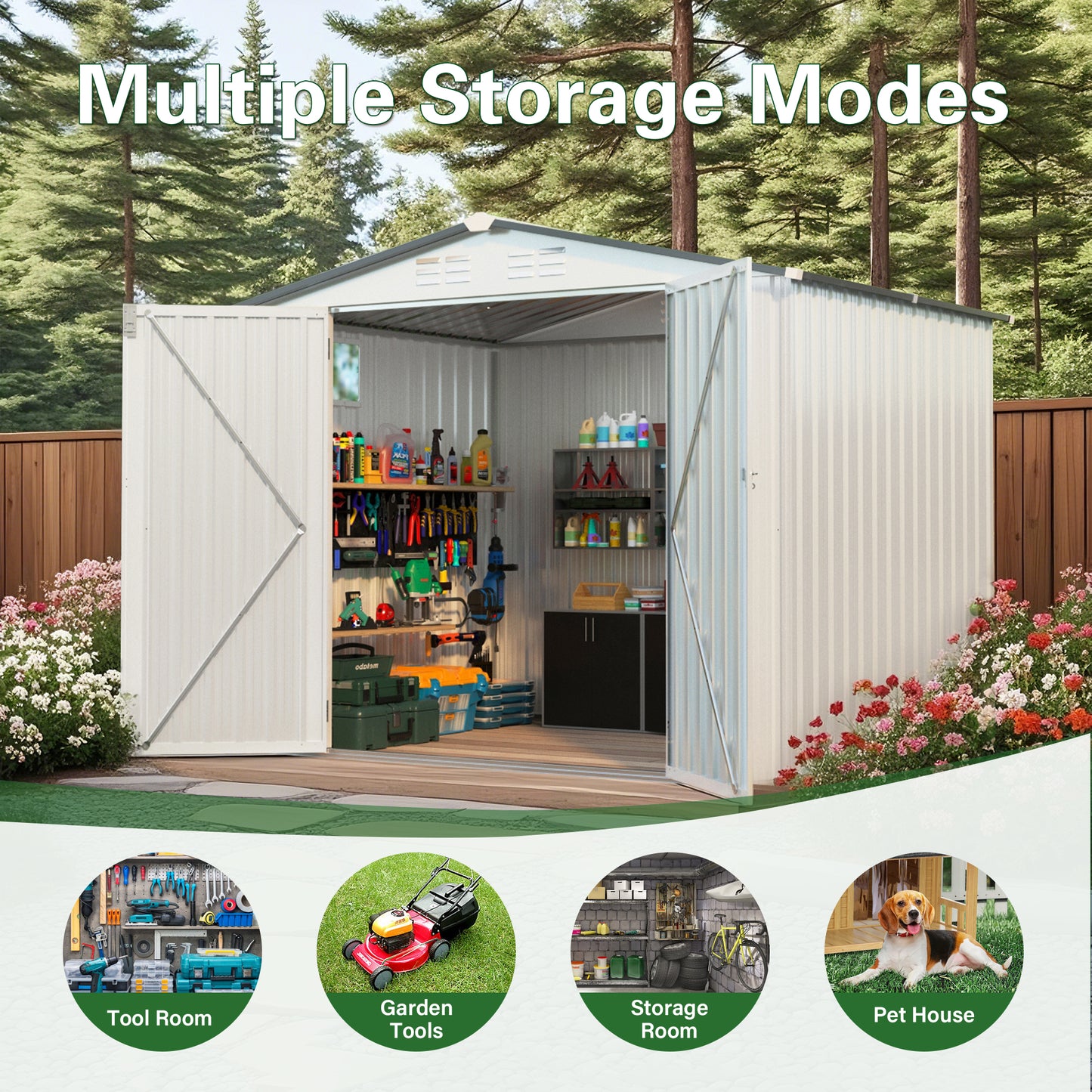 8X6 FT Metal Outdoor Storage Shed, Tool Shed with Pitched Roof Waterproof with Side Window and Lockable Door, Metal Tool Shed for Garden Tool Storage, Everyday Sundries and Bike Storage, White + Gray