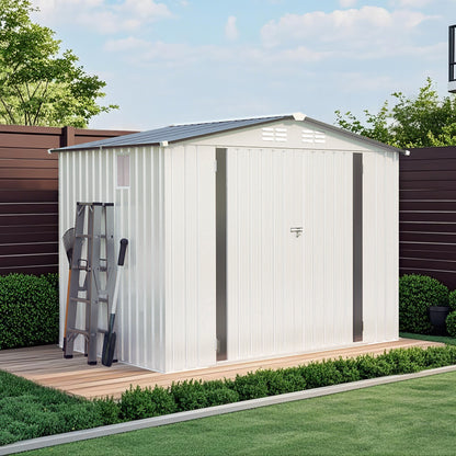 8X6 FT Metal Outdoor Storage Shed, Tool Shed with Pitched Roof Waterproof with Side Window and Lockable Door, Metal Tool Shed for Garden Tool Storage, Everyday Sundries and Bike Storage, White + Gray