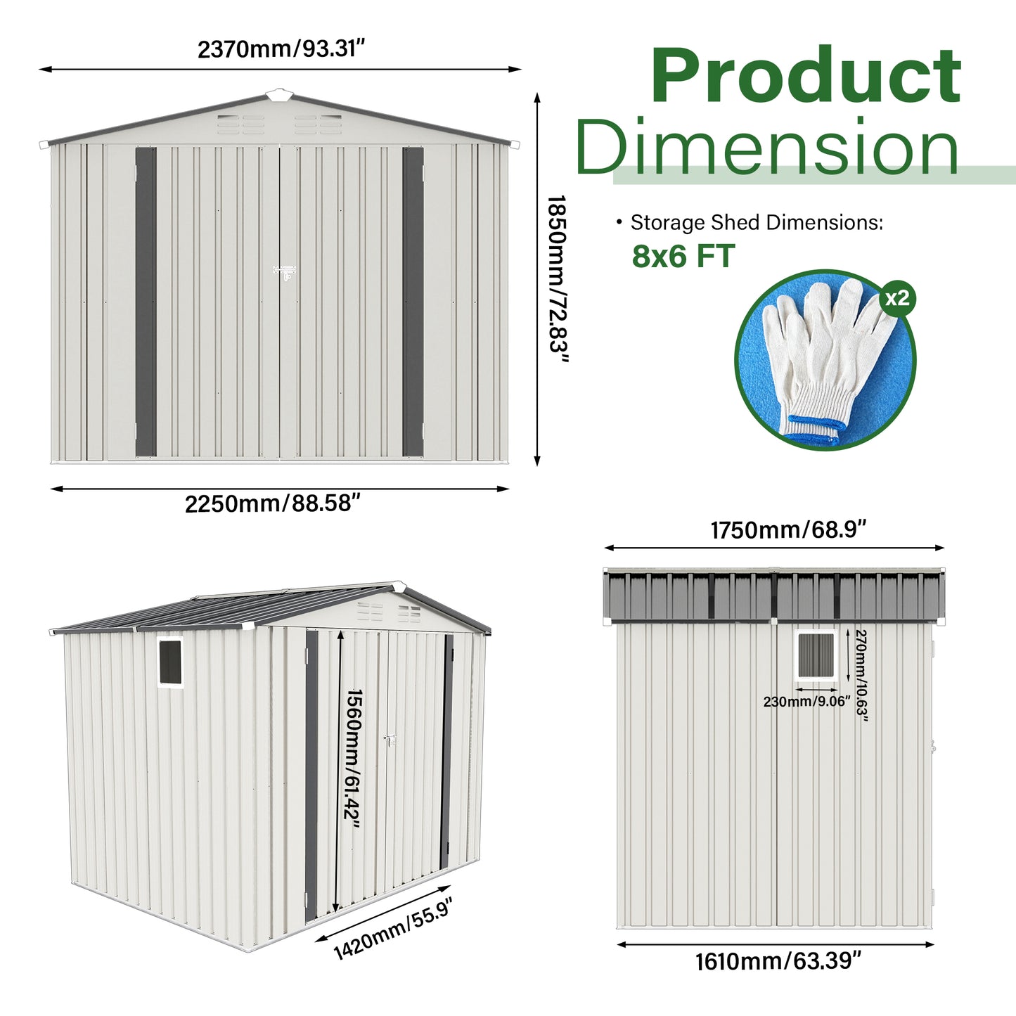 8X6 FT Metal Outdoor Storage Shed, Tool Shed with Pitched Roof Waterproof with Side Window and Lockable Door, Metal Tool Shed for Garden Tool Storage, Everyday Sundries and Bike Storage, White + Gray