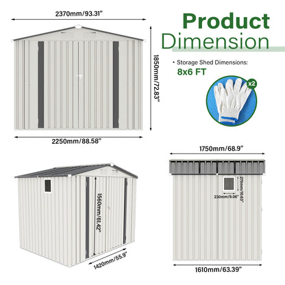 8X6 FT Metal Outdoor Storage Shed, Tool Shed with Pitched Roof Waterproof with Side Window and Lockable Door, Metal Tool Shed for Garden Tool Storage, Everyday Sundries and Bike Storage, White + Gray