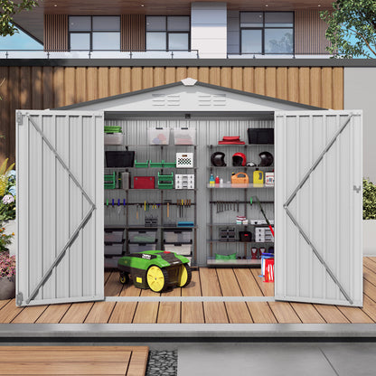 8X6 FT Metal Outdoor Storage Shed, Tool Shed with Pitched Roof Waterproof with Side Window and Lockable Door, Metal Tool Shed for Garden Tool Storage, Everyday Sundries and Bike Storage, White + Gray